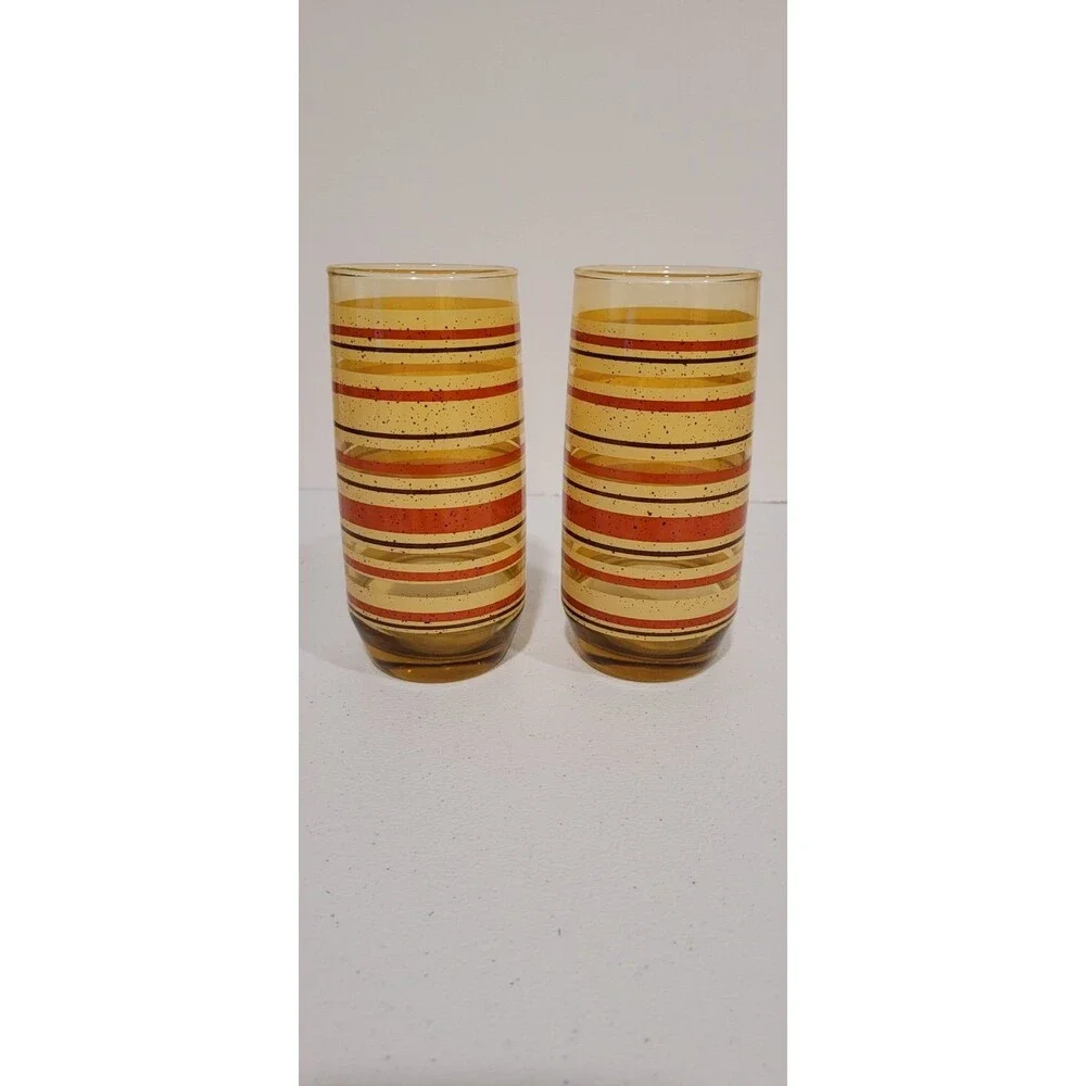 Retro Striped Juice Tumblers – Vintage Yellow Amber Orange Glass – Set of 2